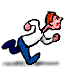 Pixelated cartoon character with orange hair and pink cheeks running in multiple poses across three of a