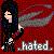 Pixelated static icon showing a dark-haired figure with light skin holding a large knife against a red background, with the word "hated." in white text at bottom right.