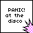 Two side-by-side pixel art display "PANIC! at the disco" text with a pink and white checkered explosion graphic, one in black-and-white and the other fully colored