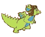 A green dragon with brown hair and blue wings runs in a sequence of five pixelated frames showing progressive motion.