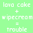 Four display text equations with 'lava cake + wipecream = trouble' in pixelated font on colored backgrounds