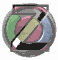 Circular icon with a gray border showing four colored segments (green, blue, pink, beige) and black arrow-like shapes moving across the segments.