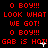 Red pixelated text on black background repeats 'O BOY!!! LOOK WHAT WE GOT! O BOY!!! GAB IS HOT!' with white cursor-like symbols moving across the text.