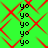 Green background with red diamond-shaped patterns and repeated black 'yo' text in vertical