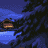 Animated sequence showing a bald cartoon character with white hair on the sides, transitioning from side profile to front view against a dark blue night background with trees and a house.