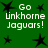 Green background with white text reading 'Go Unkhorne Jaguars!' and black star shapes in various positions.