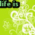 Green background with white floral patterns and text reading 'life is full of surprises' in green letters.