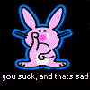 Pixelated pink rabbit with blue outline sits with one paw covering its mouth, expression neutral, against black background with repeated text below.