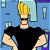 Pixelated cartoon character with spiky yellow hair, black sunglasses, and a muscular build wearing a black t-shirt against a blue background with framed items.