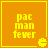 Yellow text and Pac-Man symbol on orange background in four