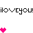 Animated pixel art featuring repeated 'iloveyou!' text with pink hearts, X's, and O's on a white background.