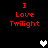 Red text "I Love Twilight" on black background with two pixelated hearts, one white and one gray, in a
