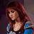 A woman with long red hair appears in three distinct poses: looking down-left, facing forward, and looking down-right against a blue background.