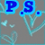 Blue text on gray background with light blue heart outlines and small hearts, reading P.S. I Love YOU! in pixelated font.
