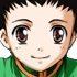 Anime character with brown eyes and black hair in green shirt with orange collar, showing multiple facial expressions including smiling, winking, and open-mouthed expression.