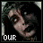 Pixelated of nine identical character faces with changing text below each, displaying variations of 'OUR', 'REAL', and 'GOD' in white block letters