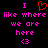 Pixelated text and symbols in pink and red on black background, with a red heart symbol replacing 'love' in 'I love where we are here <3'