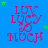 Blue background with repeated red text 'LOV LUCY MUCH' and green stars, one frame shows a gray rectangle in the bottom-right corner.