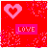 Red background with pink heart and 'LOVE' text, pixelated sparkles in varying colors