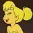Pixelated yellow cartoon character with closed eyes, open mouth, and large rounded ears against dark background.