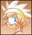 Pixelated character with spiky white hair and yellow headband, shown in four background variations from brown to blue.