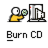 Animated contact sheet of a 4x4 grid showing sequential frames of a yellow stick figure burning a CD in front of a computer tower with visible flame effects on later frames.