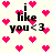 Pixelated text 'i like you <3' surrounded by pink heart shapes on a light background, with animated variations in heart placement and text clarity.