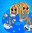 Pixel art contact sheet showing four frames of an animated buddy icon with two cartoon characters, sunglasses, and text elements on a blue background.