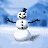 Pixelated snowman with black top hat, orange carrot nose, and coal eyes/mouth stands on snowy ground against blue mountains.