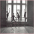 Pixelated grayscale image of four silhouetted figures standing in front of a large window with vertical panes, viewed from an interior space.