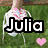 A static buddy icon with four distinct sections: a grassy background, pink heart, and text reading "Julia" on top left; colorful abstract shapes and "Loves" on top right; brick wall background with "Edward Cullen" below.