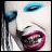 A 3x3 contact sheet of animated frames showing a person with white face paint, blue eyeshadow, and red lips in various expressions with changing text overlays.
