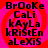 A static image displays four identical of stylized text over a red and pink spiral background, each containing the names BROOKE, CALI, KAYLA, KRISTEN, ALEXIS in black pixelated font