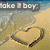 A beach scene with a heart drawn in sand, showing text overlays that change across frames.