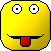 Static pixel art emoji with yellow face, white eyes with black pupils, and red tongue sticking out from a wide mouth.
