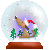 Pixelated snow globe with brown wolf wearing red Santa hat, green trees, and falling snow inside clear sphere on brown base.