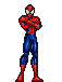 Six pixel-art Spider-Man poses in red and blue costume against gray background, each with distinct arm positions.