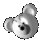 Two grayscale pixelated icons of a rounded character with three circular appendages, one showing side profile and the other front view.