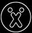 A circular icon with a stylized X-shaped figure holding two circles above its head, displayed in three variations of brightness on black background.