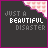 A 5x5 contact sheet of animated frames showing a dark-themed icon with pink and white text reading "JUST A BEAUTIFUL DISASTER" on a black background, featuring subtle animation changes in the heart symbol and text opacity across sampled frames.