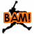 Pixelated orange and black icon shows a jumping figure with baseball bat, displaying text 'BAM!' or 'Look At Me' or 'PITCH!'.