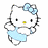 Pixelated Hello Kitty icon with light blue dress and bow, standing against white background.