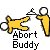 Animated yellow stick figure with white head and limbs, performing actions while text 'Abort Buddy' appears below.
