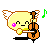 Pixel art character with yellow face and brown ears plays cello, pink cheek flower, green musical notes, black shadow on gray background.