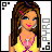 A 3x3 contact sheet of pixel art frames showing a cartoon female character with brown hair, yellow top, purple pants, and pink accessories across different poses and text elements.