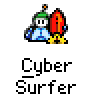 A 4x3 contact sheet of a pixel art animated icon showing a character surfing on binary code with varying motion effects across frames.