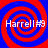 Four identical red and blue spiral patterns arranged in a with white text "Harrell #9" overlaid on each quadrant