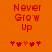 Red pixelated text "Never Grow Up" on orange background with five heart symbols below, two versions showing heart color variation.