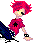 Pixelated cartoon character with pink hair, yellow face, and red shirt holding a blue object against gray background.