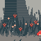 Pixel art scene with red mushrooms, floating heart and plus symbols in a dark forest background.